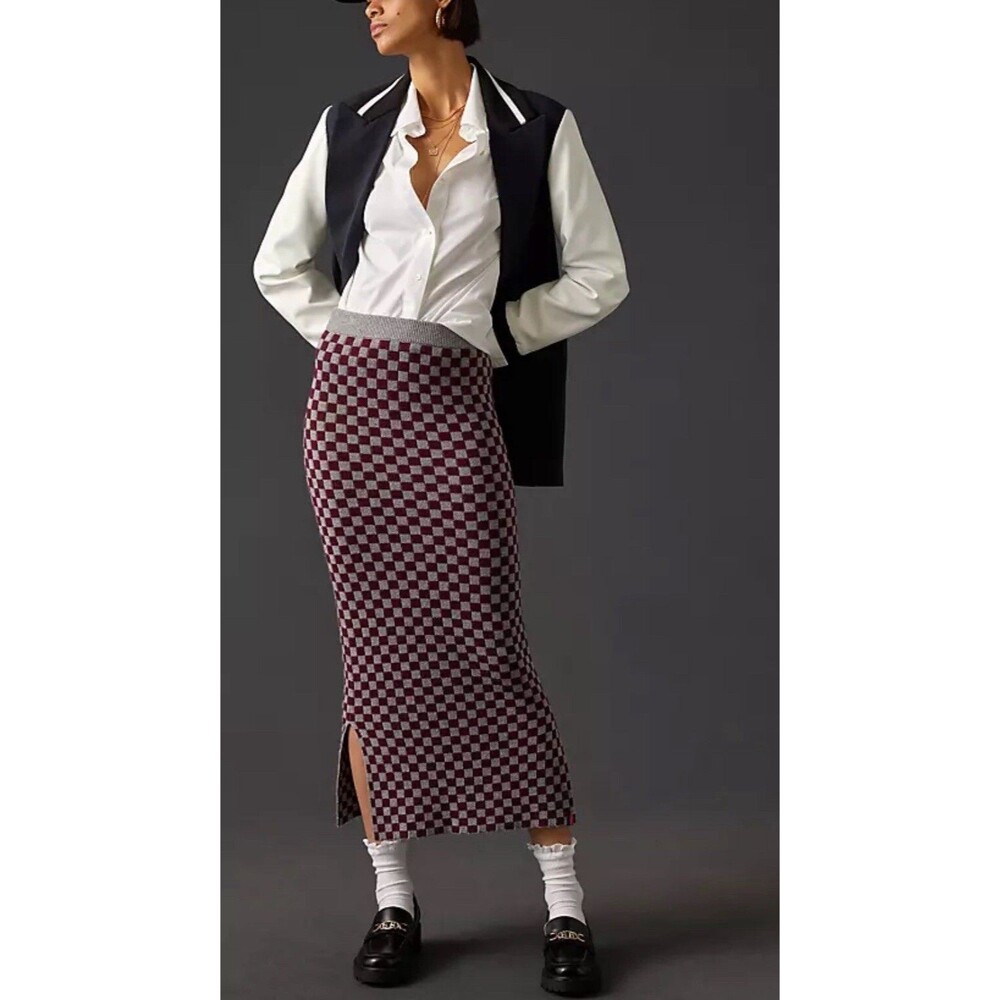 Anthropologie Kule Check Skirt Colorblock Knit  Tawny Retro Preppy Size XS NWT